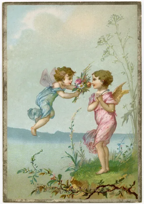 Framed Print : A fairy dressed in blue gives some flowers to a fairy dressed in pink Framed Print : A fairy dressed in blue gives some flowers to a fairy dressed in pink