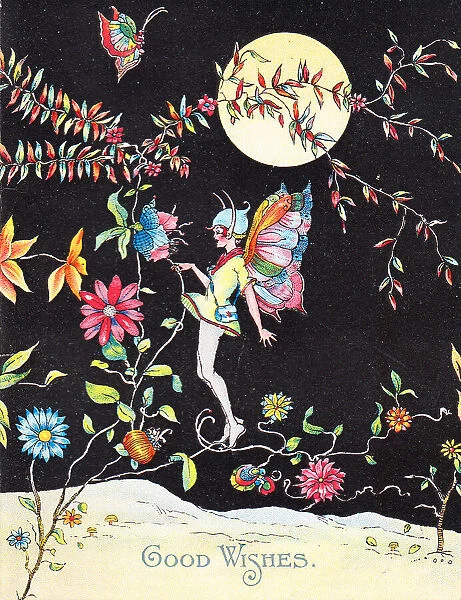 Fairy with flowers and a butterfly on a greetings card
