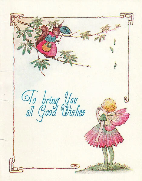Fairy looking at a squirrel on a greetings card