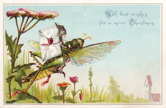Framed Print : Fairy postman riding grasshopper on a Christmas card Framed Print : Fairy postman riding grasshopper on a Christmas card