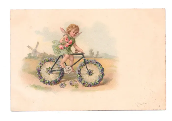 Framed Print : Fairy riding a bicycle on a greetings postcard Framed Print : Fairy riding a bicycle on a greetings postcard