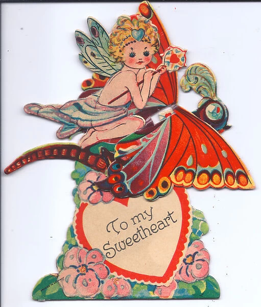 Fairy riding a butterfly on a movable Valentine card