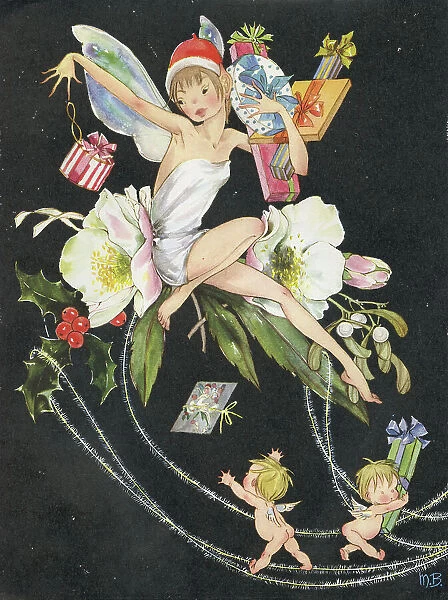 Fairy seated on a Christmas Rose with presents, Cupids