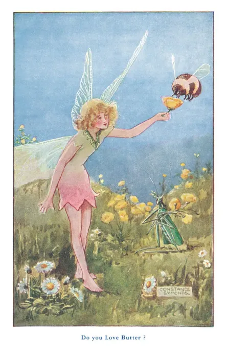 Framed Print : Fairyland. The fairy offering her friend the bumble bee some goodness from a buttercup Framed Print : Fairyland. The fairy offering her friend the bumble bee some goodness from a buttercup