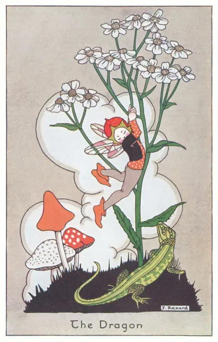 Framed Print : Fairyland. A fairy jumping out of the way of a fearsome lizard Framed Print : Fairyland. A fairy jumping out of the way of a fearsome lizard
