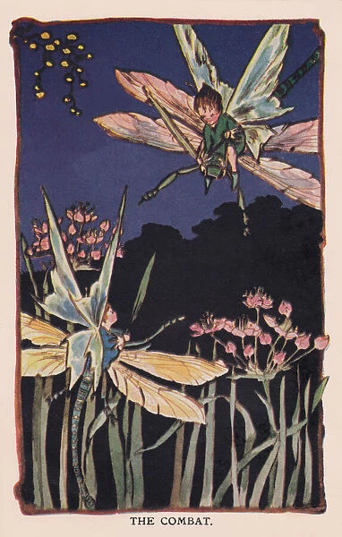 Fairyland. The Combat. Fairies on dragonflies do battle. Artist: CM Cottam Date: 1920