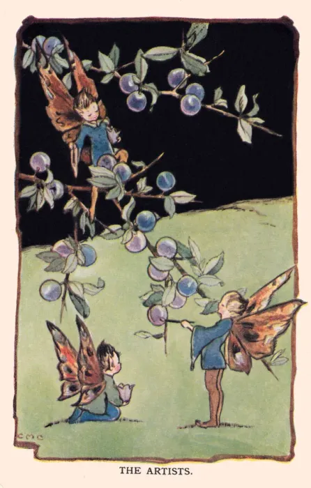 Framed Print : Fairyland. The Artists. Fairies painting berries on a tree. Artist: CM Cottam Date: 1920 Framed Print : Fairyland. The Artists. Fairies painting berries on a tree. Artist: CM Cottam Date: 1920