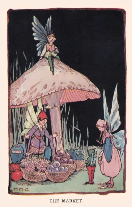 Framed Print : Fairyland. The Market. Fairies at a vegetable market stall under a toadstool Framed Print : Fairyland. The Market. Fairies at a vegetable market stall under a toadstool