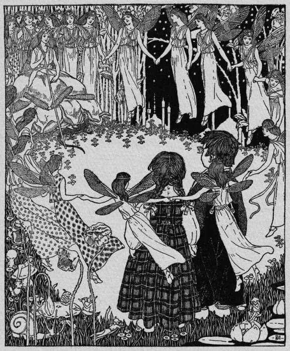 Framed Print : Fairyland. Brother and sister in woodland surrounded by fairies Framed Print : Fairyland. Brother and sister in woodland surrounded by fairies