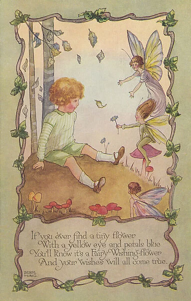 Fairyland. Young girl in conversation with fairies. Artist: Beryl Haig Date: circa 1930