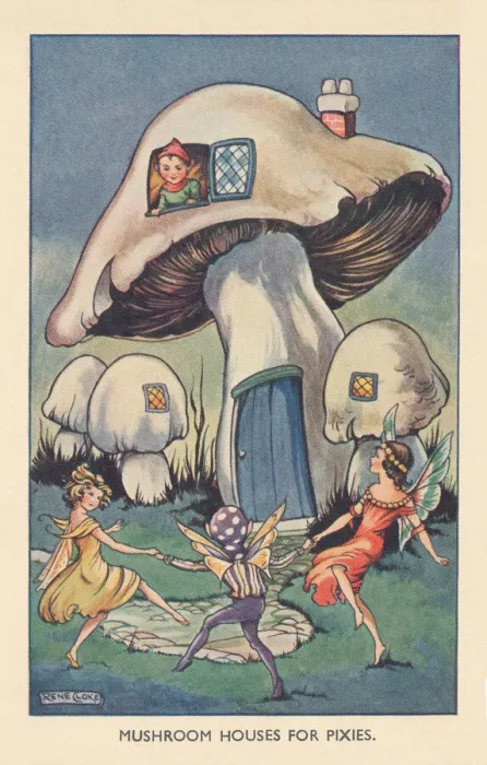 Framed Print : Fairyland. Mushroom Houses for Pixies. Fairies dancing outside their mushroom house Framed Print : Fairyland. Mushroom Houses for Pixies. Fairies dancing outside their mushroom house