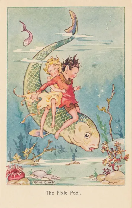 Framed Print : Fairyland. The Pixie Pool. Fairies underwater riding astride a large fish Framed Print : Fairyland. The Pixie Pool. Fairies underwater riding astride a large fish