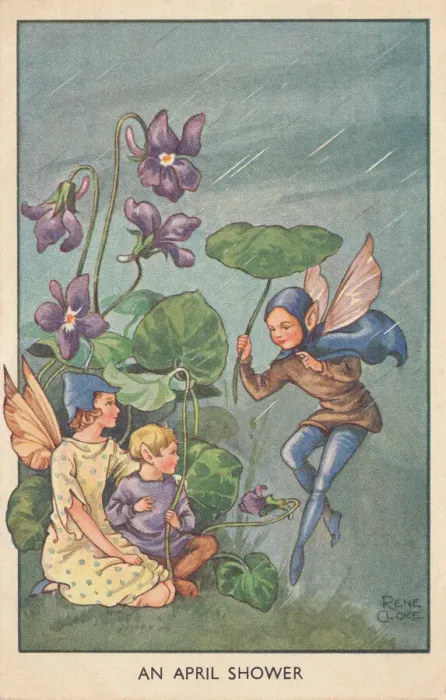 Framed Print : Fairyland. An April Shower. Fairies taking shelter under broad leaves Framed Print : Fairyland. An April Shower. Fairies taking shelter under broad leaves