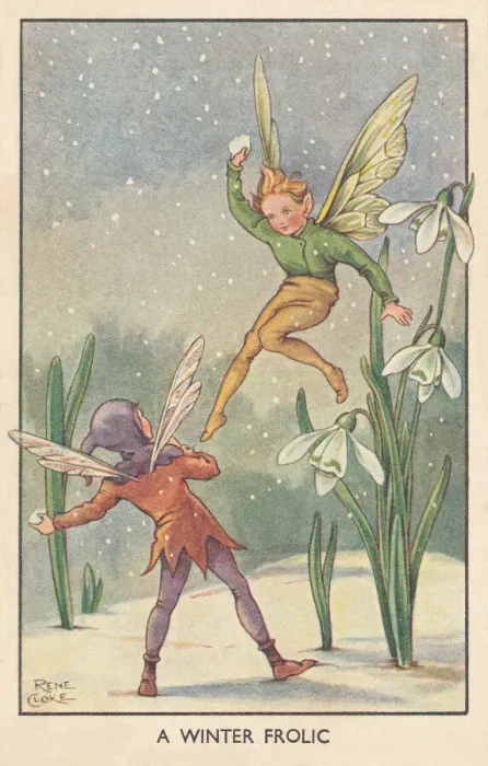 Framed Print : Fairyland. A Winter Frolic. Two fairies snowballing close by some snowdrops Framed Print : Fairyland. A Winter Frolic. Two fairies snowballing close by some snowdrops