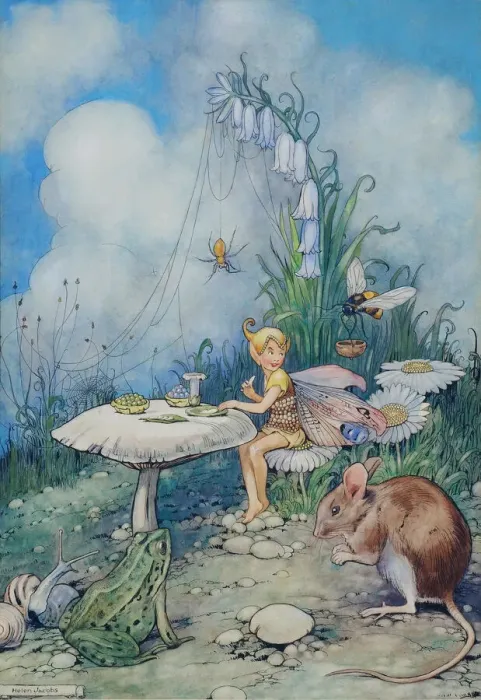 Framed Print : Fairyland. Mealtime for a fairy, waited on by a be while other creatures also attend Framed Print : Fairyland. Mealtime for a fairy, waited on by a be while other creatures also attend