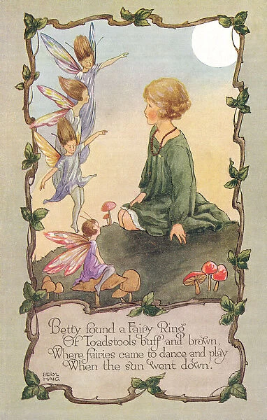 Fairyland. Young girl in conversation with a group of fairies