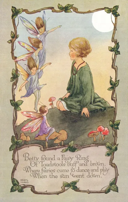 Framed Print : Fairyland. Young girl in conversation with a group of fairies Framed Print : Fairyland. Young girl in conversation with a group of fairies
