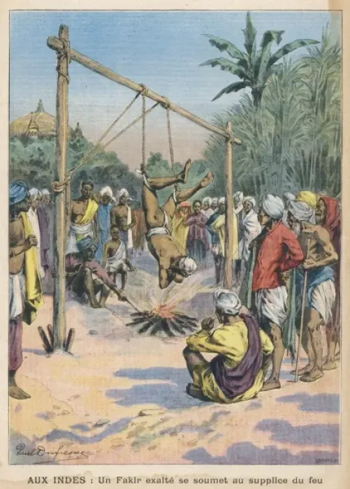 Framed Print : Fakir hanging over a fire, India Framed Print : Fakir hanging over a fire, India