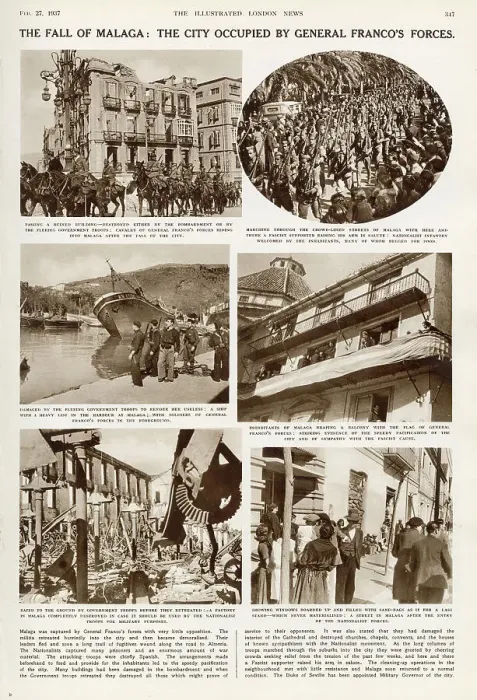 Framed Print : The Fall of Malaga: the city occupied by General Franco's forces. Spanish Civil War. Page from The Illustrated London News, 27th February 1937. Date: 1937 Framed Print : The Fall of Malaga: the city occupied by General Franco's forces. Spanish Civil War. Page from The Illustrated London News, 27th February 1937. Date: 1937
