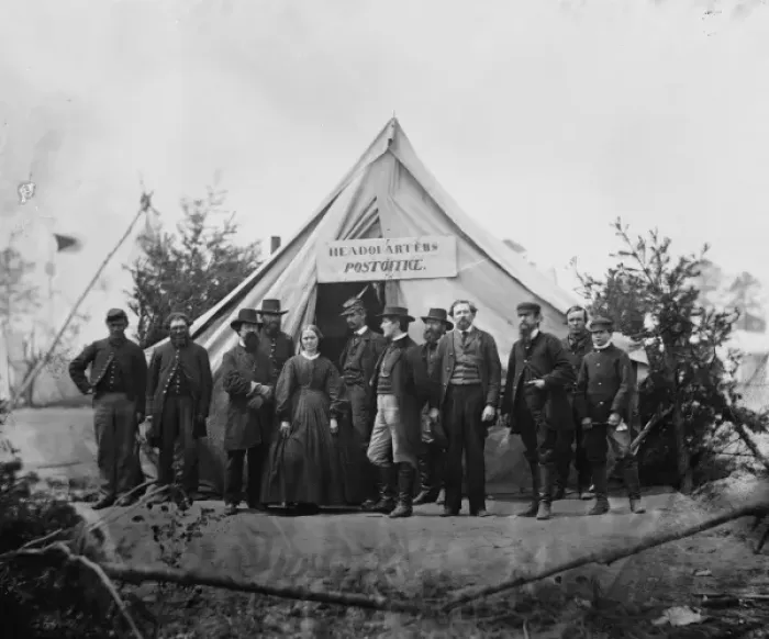 Framed Print : Falmouth, Va. Group in front of post office tent at Army of