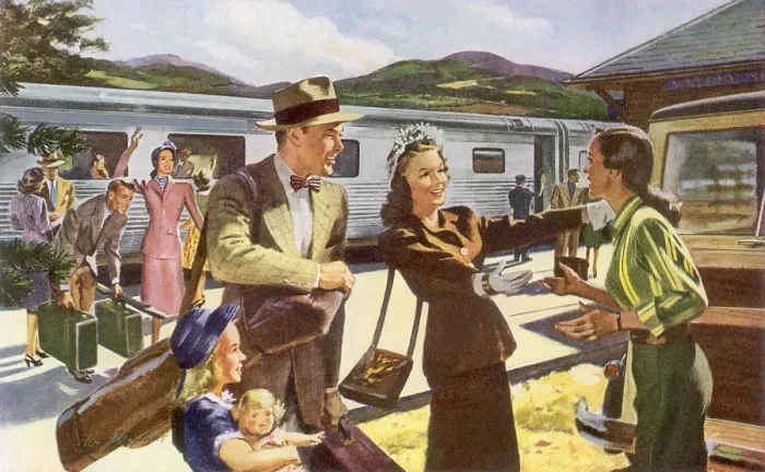 Framed Print : Family Arrives on Train Date: 1947 Framed Print : Family Arrives on Train Date: 1947