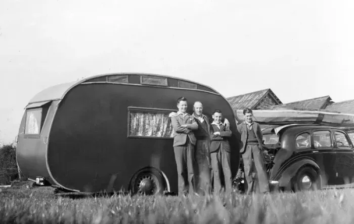 Framed Print : Family with caravan and car Framed Print : Family with caravan and car