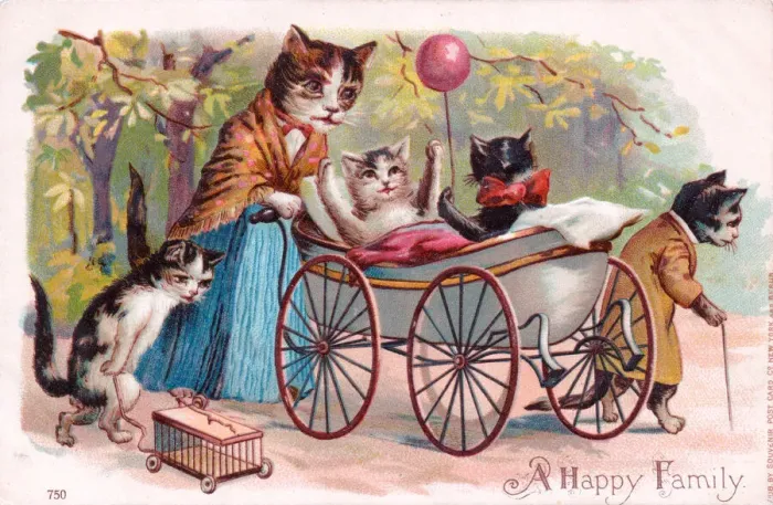 Framed Print : Family of cats in the park on a postcard Framed Print : Family of cats in the park on a postcard