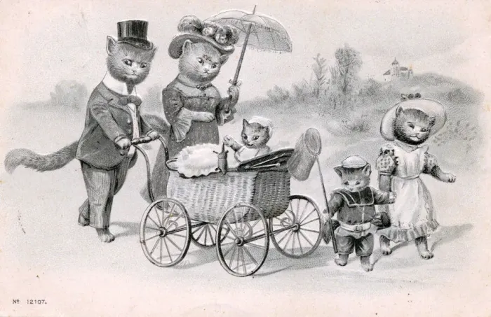 Framed Print : Family of cats with a pram on a postcard Framed Print : Family of cats with a pram on a postcard