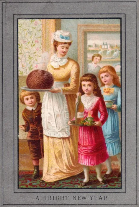 Framed Print : Family with Christmas pudding on a New Year card Framed Print : Family with Christmas pudding on a New Year card