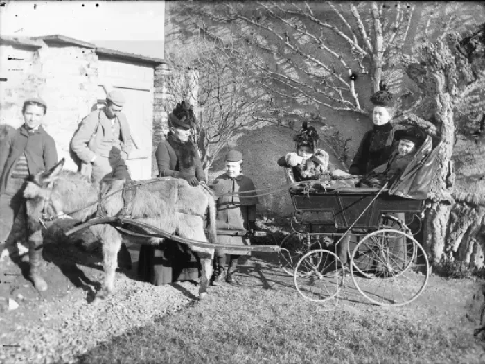 Framed Print : Family with donkey-drawn trap in a garden, Mid Wales Framed Print : Family with donkey-drawn trap in a garden, Mid Wales