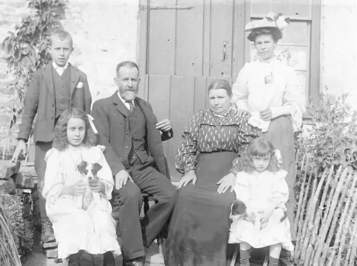 Framed Print : Family group outside house, Mid Wales Framed Print : Family group outside house, Mid Wales