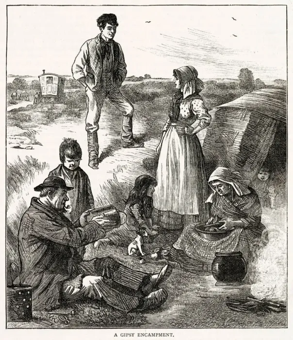Framed Print : Family of gypsies cooking outside. Date: 1883 Framed Print : Family of gypsies cooking outside. Date: 1883