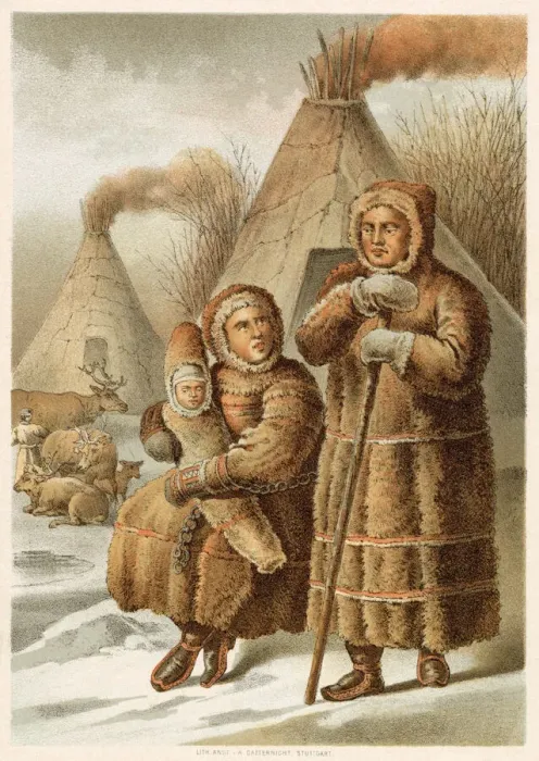Framed Print : A family of Lapps with tents and reindeer. Date: 1880 Framed Print : A family of Lapps with tents and reindeer. Date: 1880