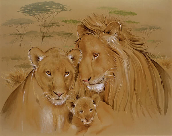 A family of lions. Watercolour painting by Malcolm Greensmith of a family