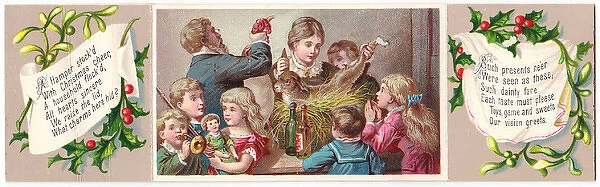 Family opening hamper on a Christmas card