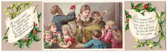Framed Print : Family opening hamper on a Christmas card Framed Print : Family opening hamper on a Christmas card