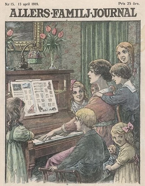 Family at the Piano. A Swedish family round the piano - Mama sings a musical