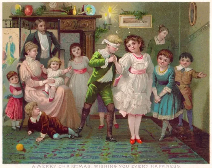 Framed Print : Family playing blind mans buff on a Christmas card Framed Print : Family playing blind mans buff on a Christmas card