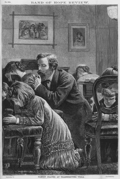 Middle-class Victorian family in prayer, 1879. Art Prints from 