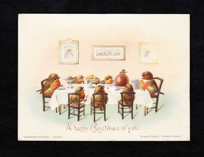 Framed Print : Family of robins at a table on a Christmas card Framed Print : Family of robins at a table on a Christmas card
