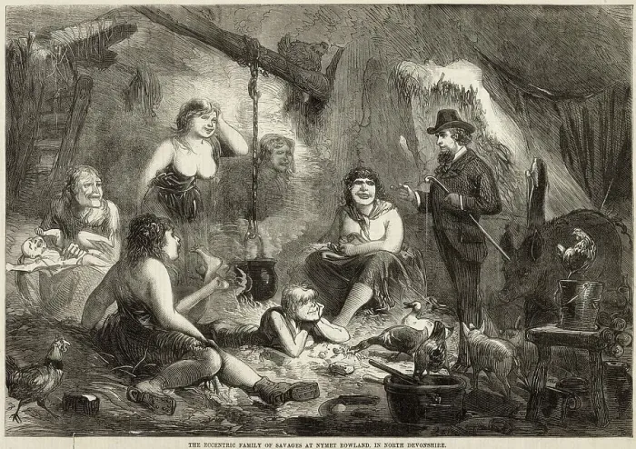 Framed Print : A family of savages living at Nymet Rowland in North Devon, England, chatting with a civilised visitor. Date: 1871 Framed Print : A family of savages living at Nymet Rowland in North Devon, England, chatting with a civilised visitor. Date: 1871