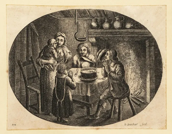 Framed Print : Family saying grace before a large bowl of stew in a rustic home Framed Print : Family saying grace before a large bowl of stew in a rustic home