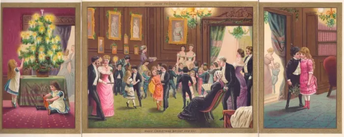 Framed Print : Family scenes on a three-part Christmas card Framed Print : Family scenes on a three-part Christmas card
