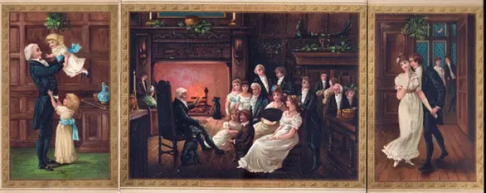 Framed Print : Family scenes on a three-part Christmas card Framed Print : Family scenes on a three-part Christmas card