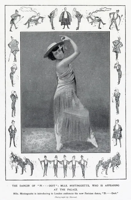 Framed Print : Famous French dancer and entertainer Mistinguett seen in costume during her first performances in London at the Palace Theatre, where she demonstrated the Parisian dance of the Pi........Ouit'. Date: 1907