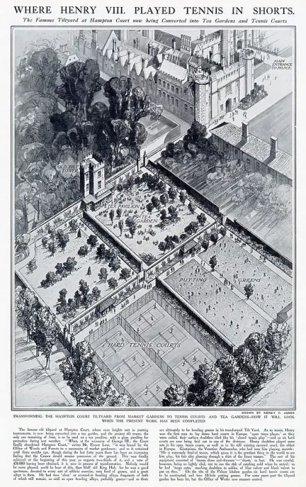 Framed Print : The famous Tiltyard at Hampton Court in the process of being converted into tea gardens and tennis courts. Diagram showing how it would look once the work was completed. Date: 1925 Framed Print : The famous Tiltyard at Hampton Court in the process of being converted into tea gardens and tennis courts. Diagram showing how it would look once the work was completed. Date: 1925