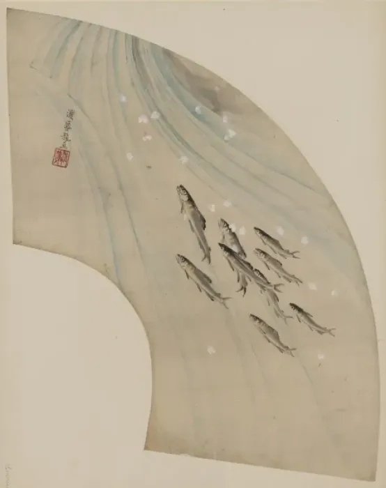 Framed Print : Fan-shaped drawing of fish swimming upstream Framed Print : Fan-shaped drawing of fish swimming upstream