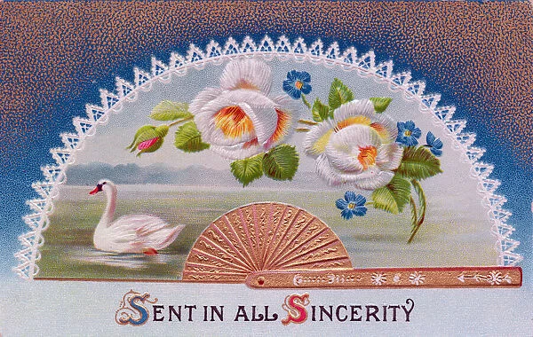 Fan with white flowers and a swan on a greetings postcard