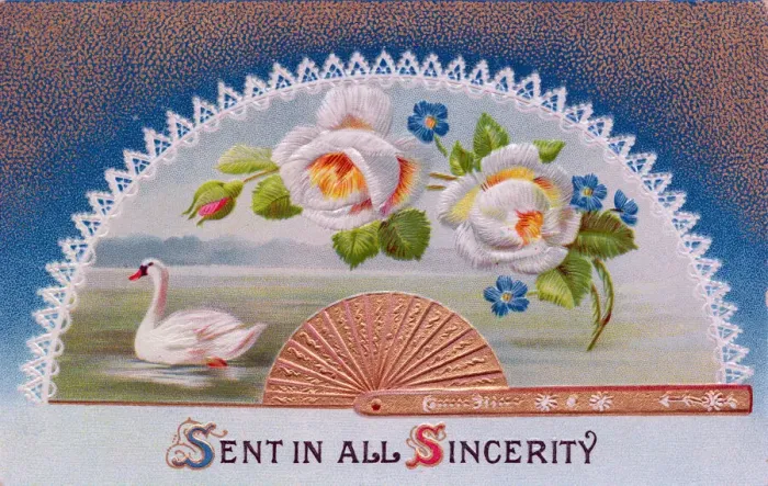 Framed Print : Fan with white flowers and a swan on a greetings postcard Framed Print : Fan with white flowers and a swan on a greetings postcard