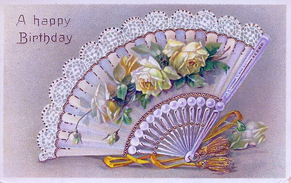 Fan with yellow roses on a birthday postcard